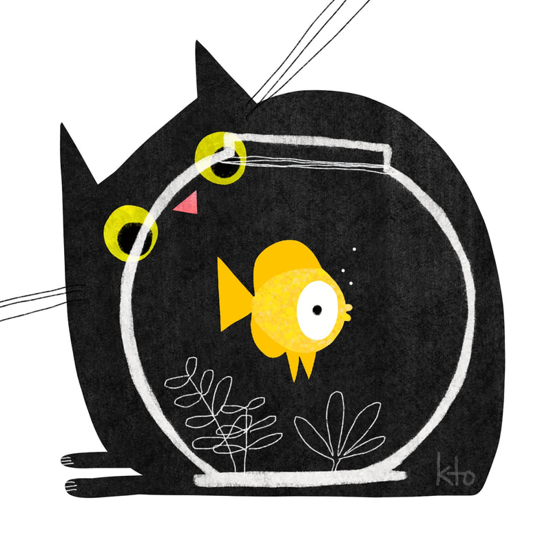 black cat kto art karen obuhanych illustration cute cat  goldfish